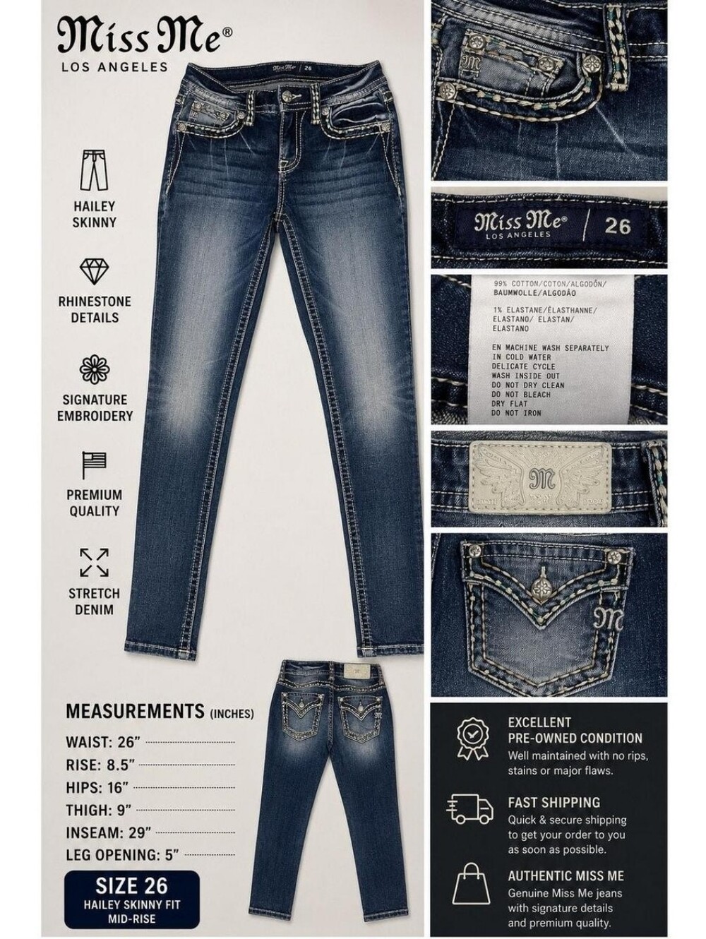Miss Me Hailey Skinny Jeans Women’s Size 26 Mid Rise Stretch Authentic